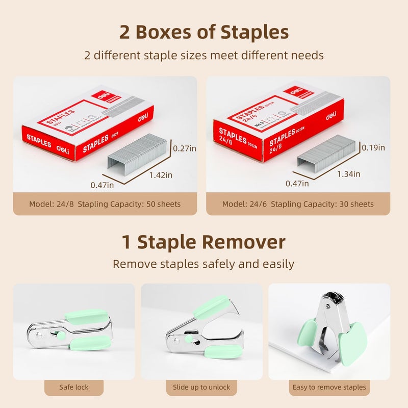 Deli Effortless Desktop Stapler, Heavy Duty Stapler, 40-50 Sheet Capacity, One Finger, No Effort, Includes 1500 Staples & Staple Remover, Green - Image 4